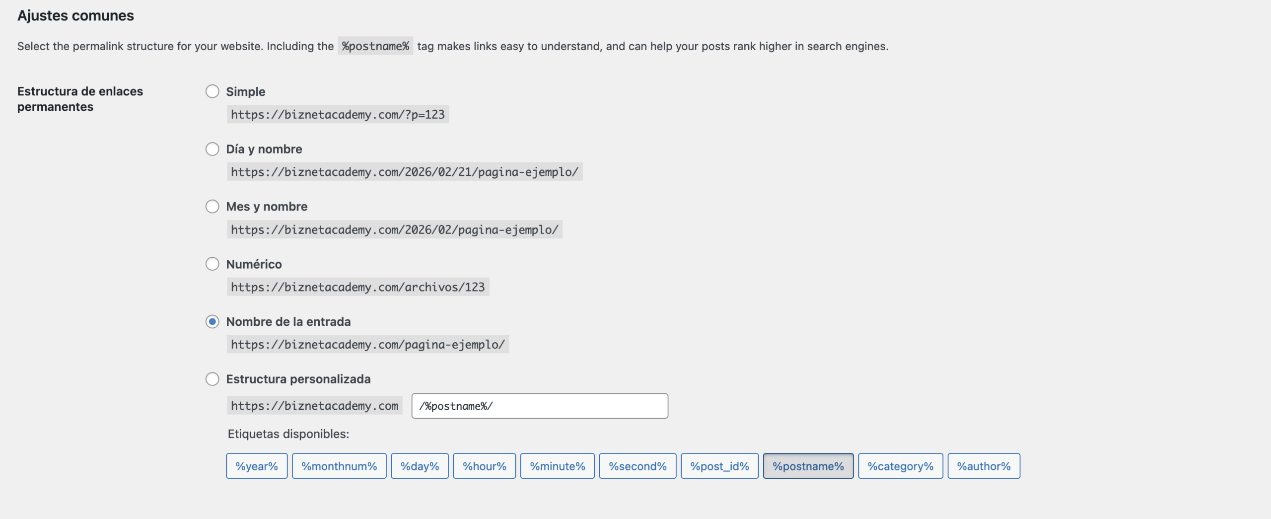 Biz Net Academy Permalinks Setup Sample