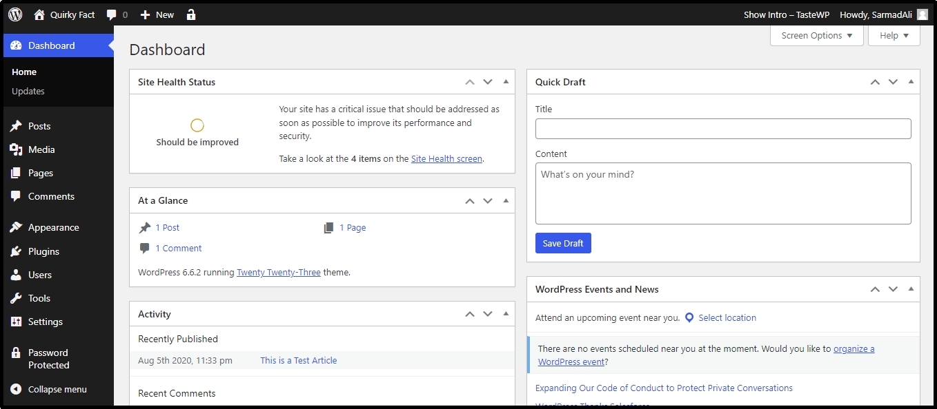 Biz Net Academy WordPress DashBoard sample